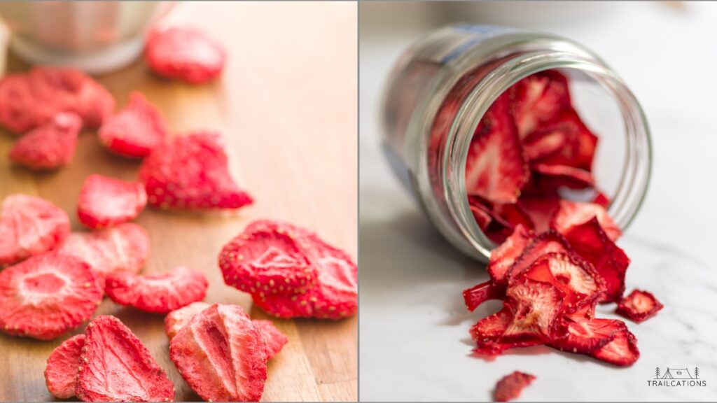 Freeze dried strawberries (left) vs. dehydrated strawberries (right). 