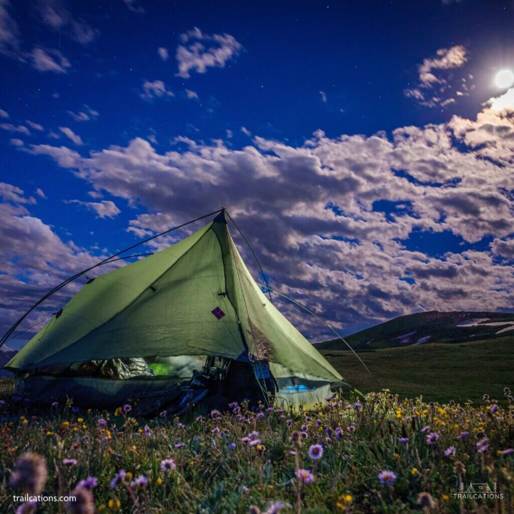 Wild camping amongst the alpine wildflowers in Colorado on the Continental Divide Trail.