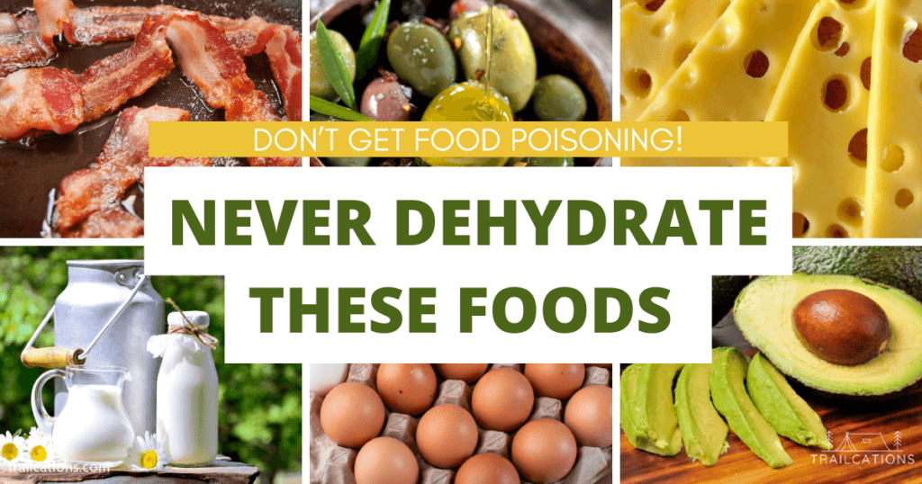 Unfortunately high fat or oily foods are not safe to dehydrate. Purchase commercially freeze dried or spray dried versions of avocados, olives, dairy products and eggs to avoid contracting food poisoning.