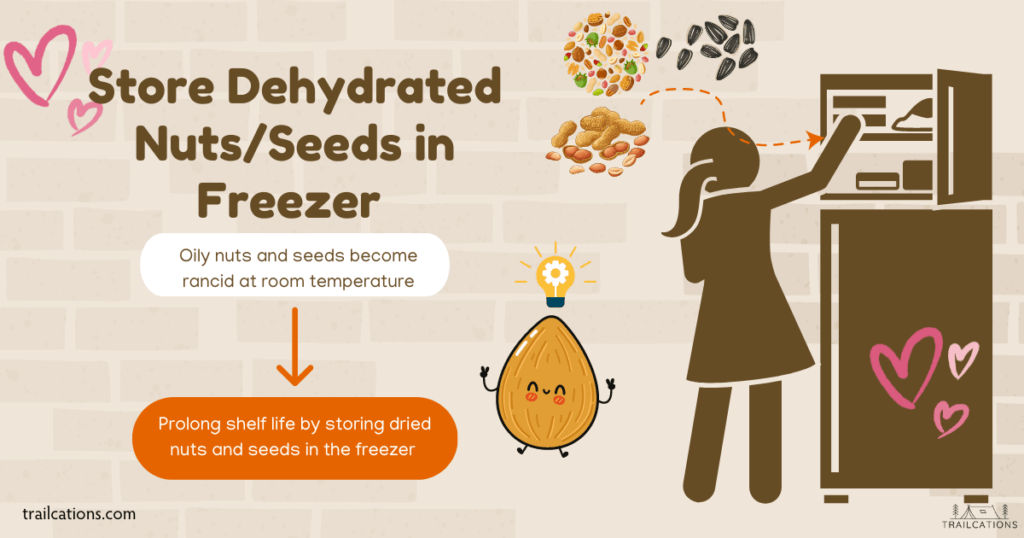 For longest shelf life,  store dehydrated nuts and seeds in the freezer long term