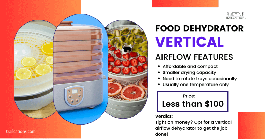 Vertical airflow dehydrators are not only cheap and compact, they get the food dehydrating job done. You may need to rotate not only the drying trays but individual pieces of food to avoid burning or cooking the food!