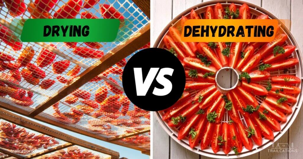 What is the difference between drying and dehydrating a food? Drying uses natural methods such as wind and sun to preserve a food. Dehydrating uses electricity, heat and a fan to preserve food for long term storage. 