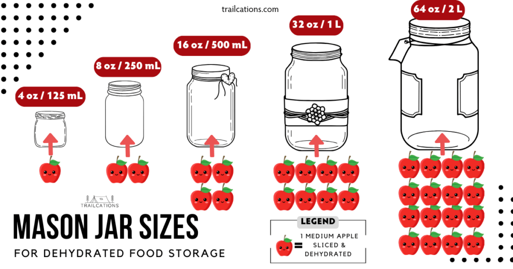 We love dehydrated apples. So, we used 1 medium sized dehydrated apple to help our mason jar size guide make sense for dehydrated food storage capacity. 