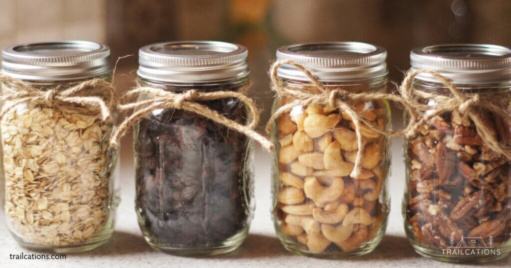 Mason jars are great for storing dehydrated fruits, veggies, grains and nuts. They're airtight, hard-sided and perfect for vacuum sealing.