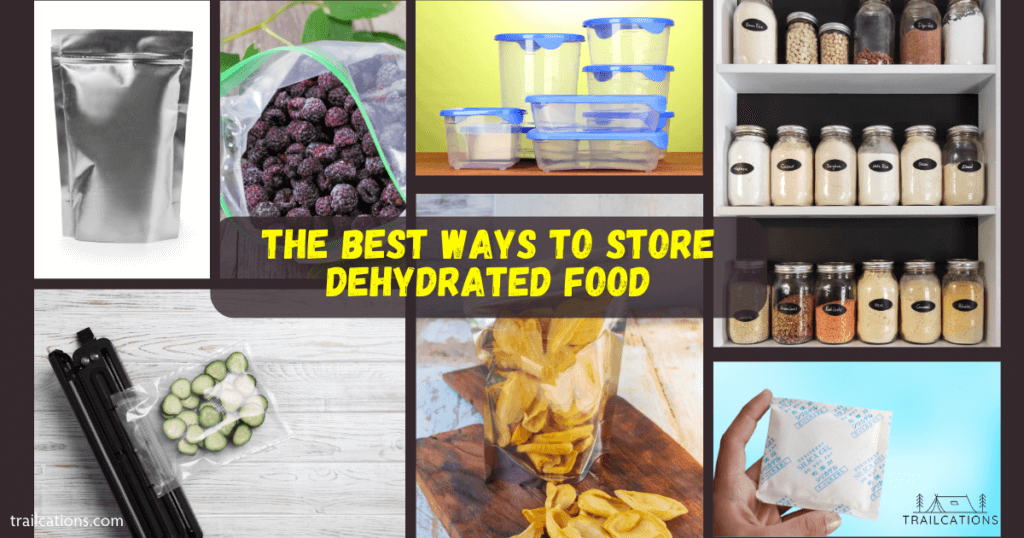 The best ways to store dehydrated food are in airtight containers stored in a cool, dark, dry place.