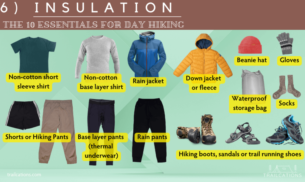 The 10 Essentials are items that every hiker should pack for a day hike. The sixth essential is insulation which includes layers of clothing, cold weather gear and wet weather gear, along with sturdy footwear.