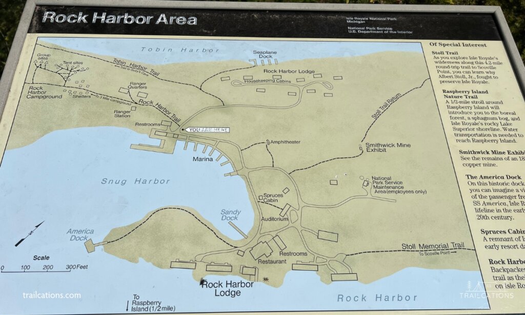 The maps posted at Rock Harbor are helpful for new visitors to find where different amenities are located.