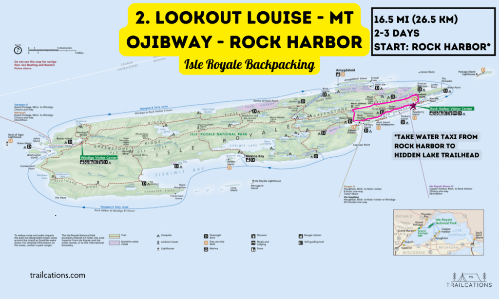 Lookout Louise - Mount Ojibway - Rock Harbor Isle Royale Backpacking Map Isle Royale National Park Hiking Backpacking Itinerary