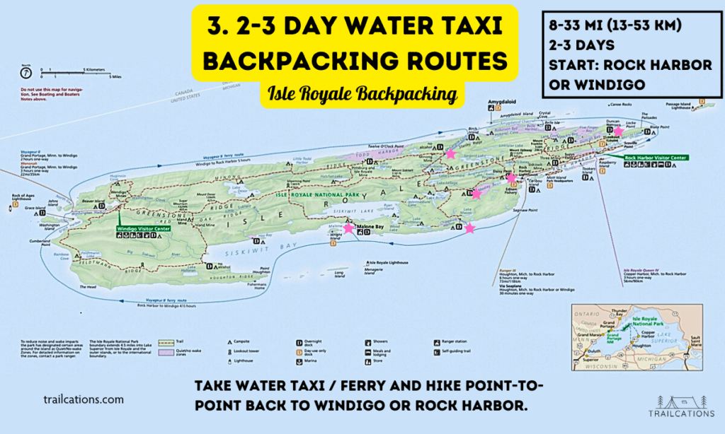 Water Taxi Backpacking Routes 2 to 3 Day Backpacking Trips Isle Royale Backpacking Map Isle Royale National Park Hiking Backpacking Itinerary