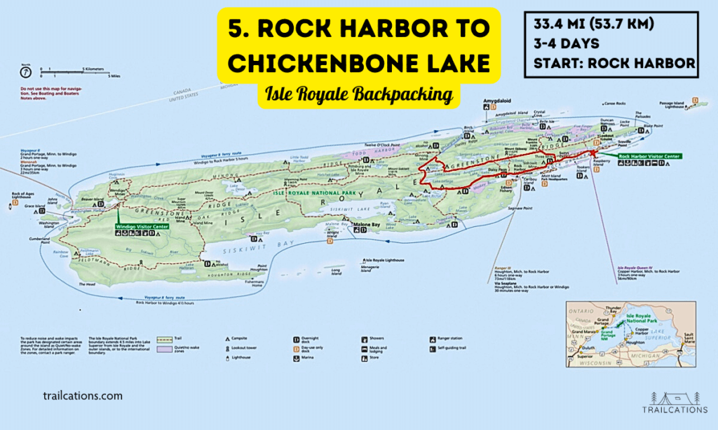 Rock Harbor to Chickenbone Lake Backpacking Routes 3 to 4 Day Backpacking Trips Isle Royale Backpacking Map Isle Royale National Park Hiking Backpacking Itinerary