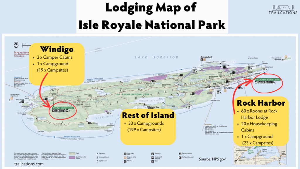 Lodging on Isle Royale consists of campgrounds, hotel rooms and cabins.